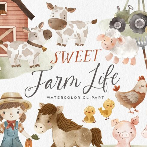 Cute Farm Watercolor Clipart.