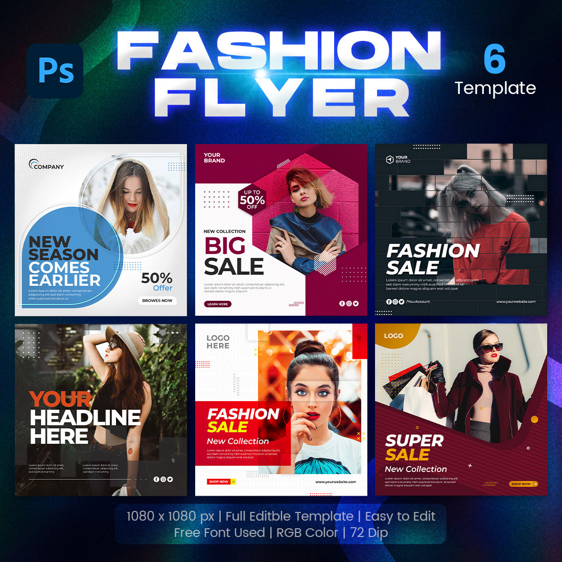 Fashion Sale Social Media Banner or Social Media 6 Set Template main cover.