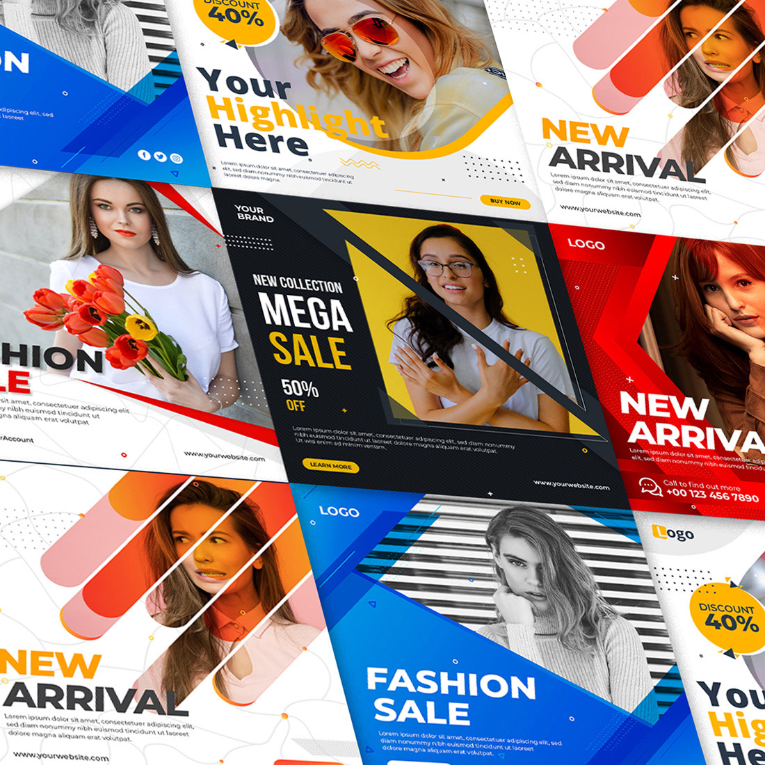 Fashion Sale Promotion Banner or Square Flyer for Social Media Post 6 Set Template cover image.