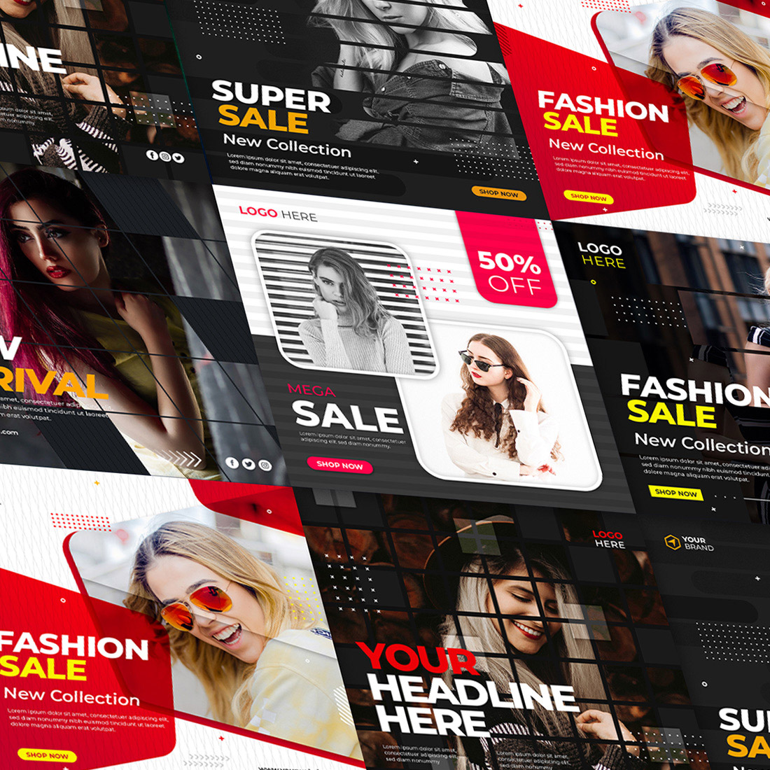 Fashion Sale Banner or Square Flyer for Social Media Post 6 Set Template cover image.