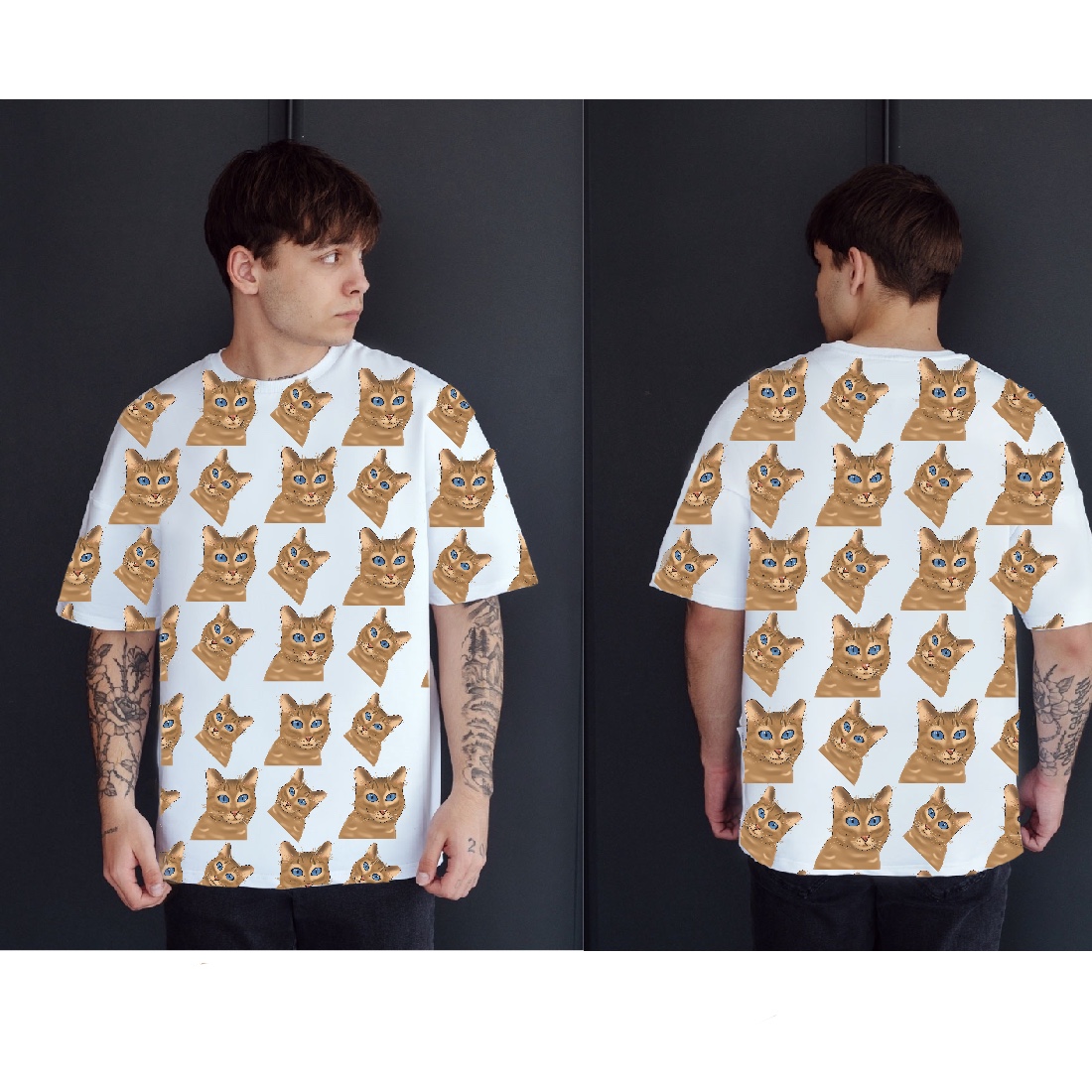 White t-shirt with cats print.