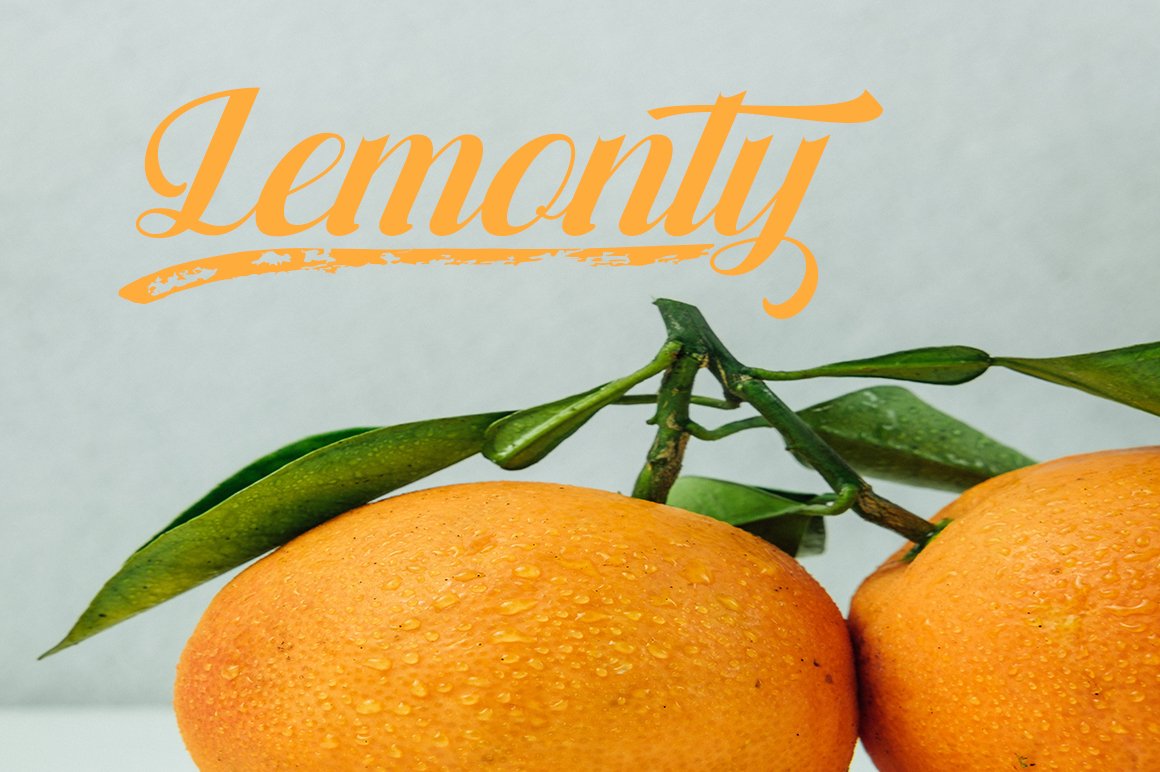 Orange lettering "Lemonty" on the background of fruit.