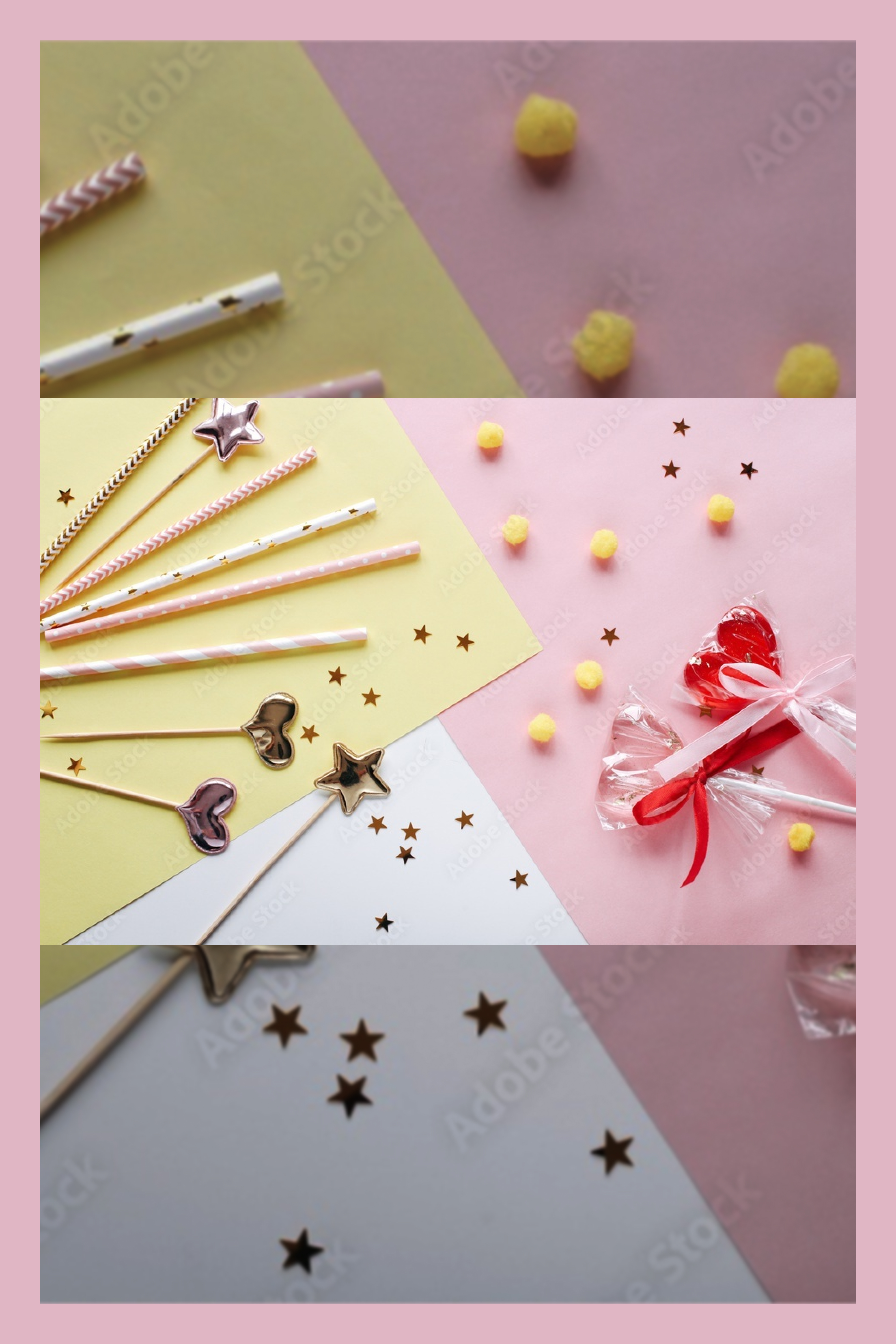 The pastel-colored background decorated with sweet candies and lollipops.