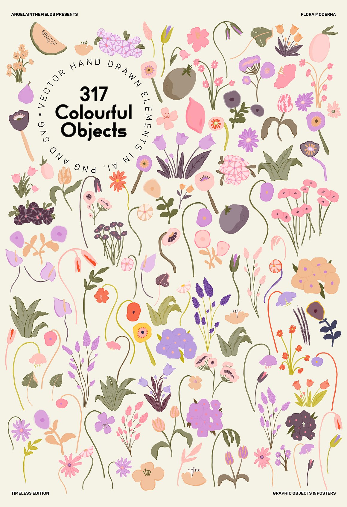 Bundle of 317 colorful illustrated elements.