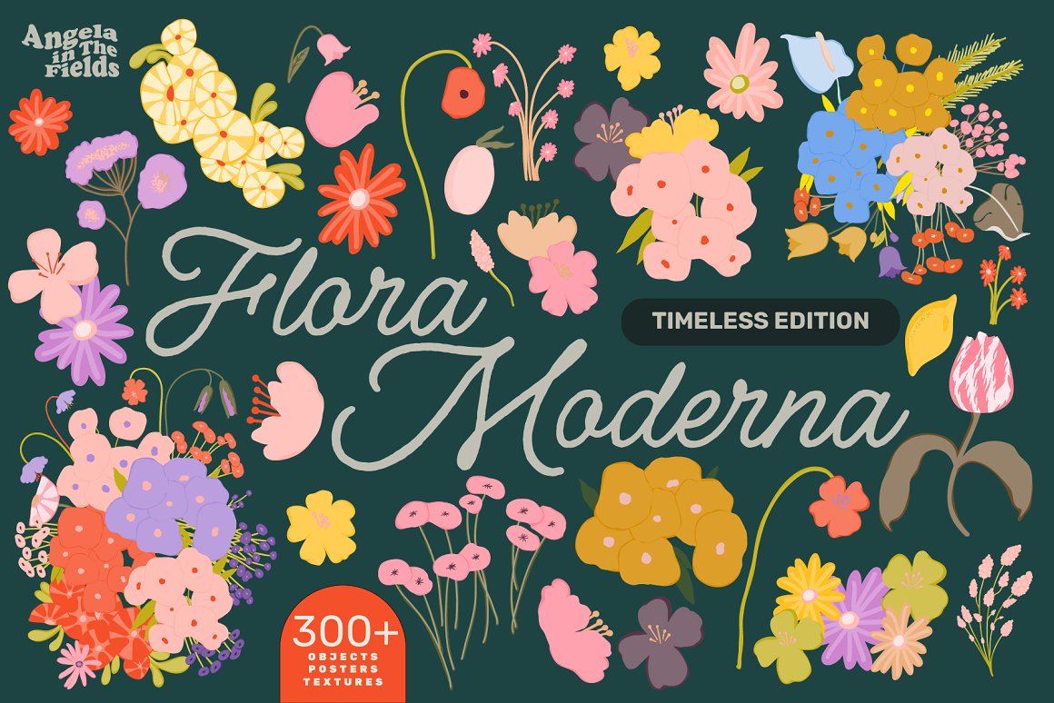 Cover with gray lettering "Flora Modern" and different illustrations on a dark blue background.
