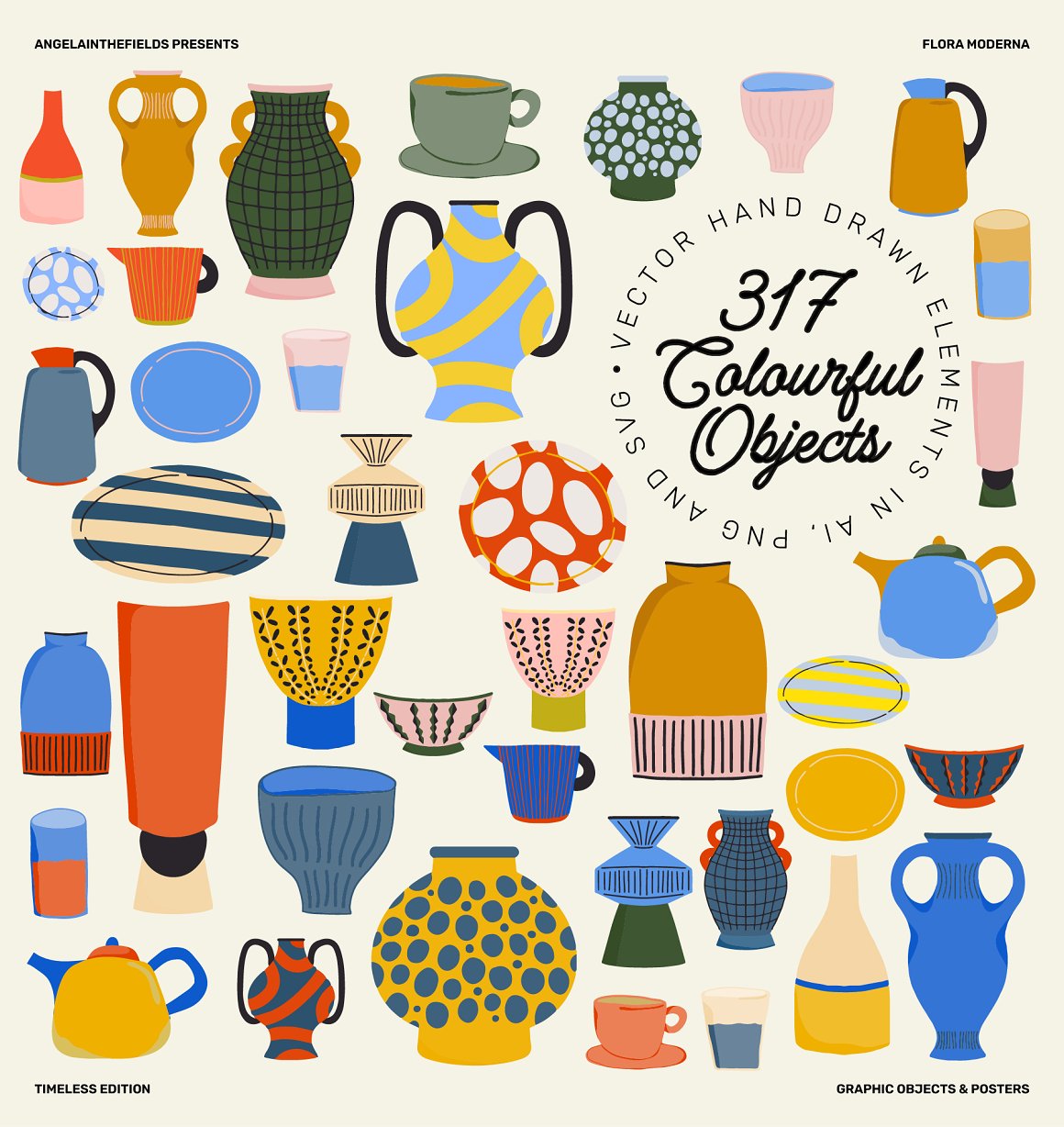Colorful clipart of different wonky vases.