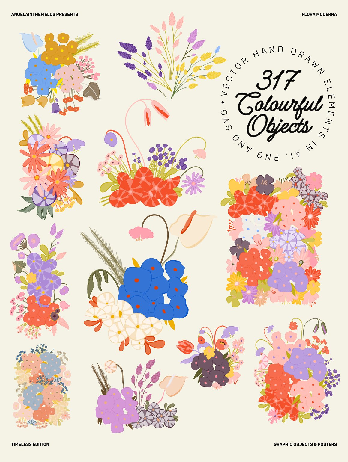 Kit of 11 different colorful floral bouquets on a gray background.