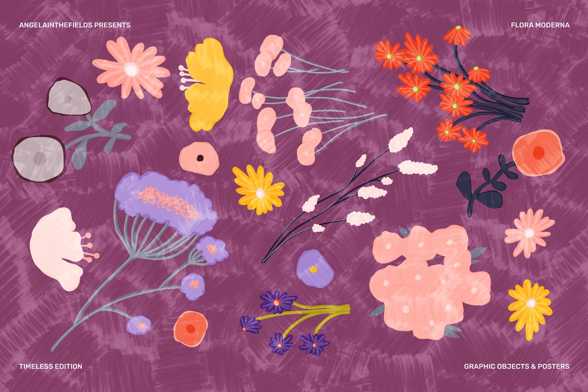 Clipart of different flora moderna floral illustrations on a purple background.