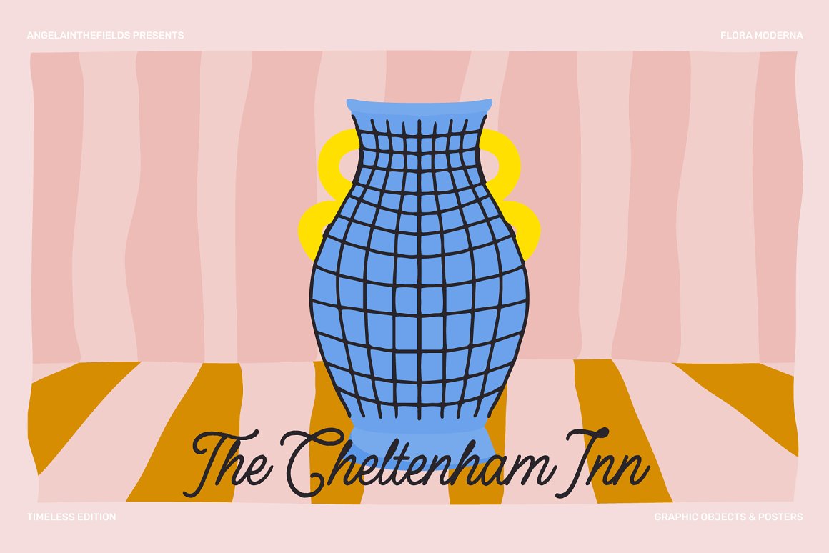 Black lettering "The Cheltenham Inn" and illustration of vase.