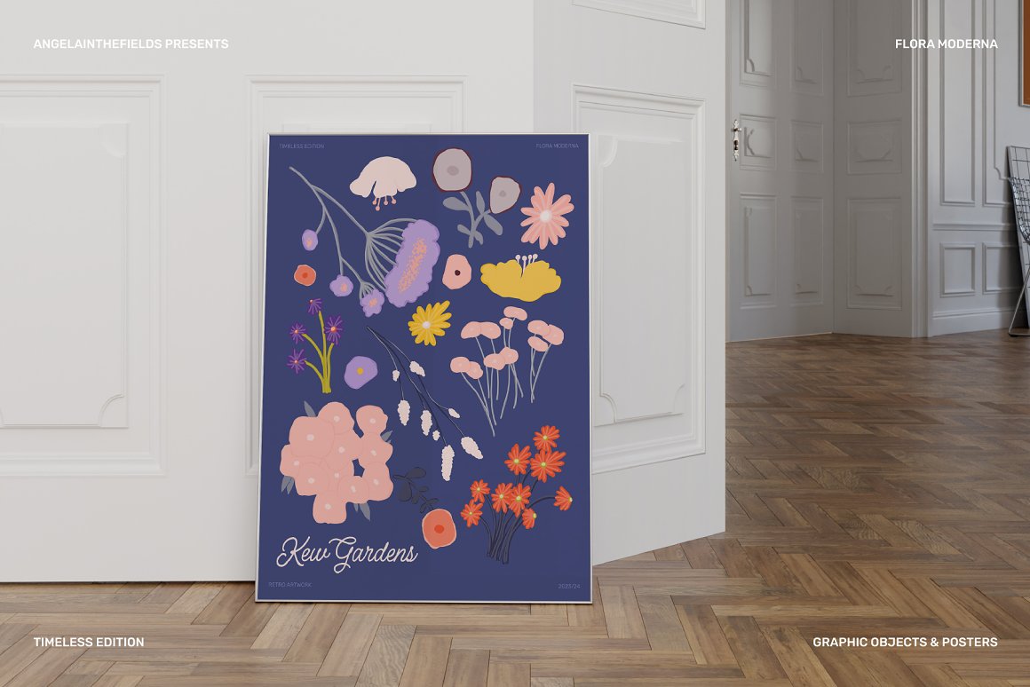 Blue poster with different floral illustrations and white lettering.