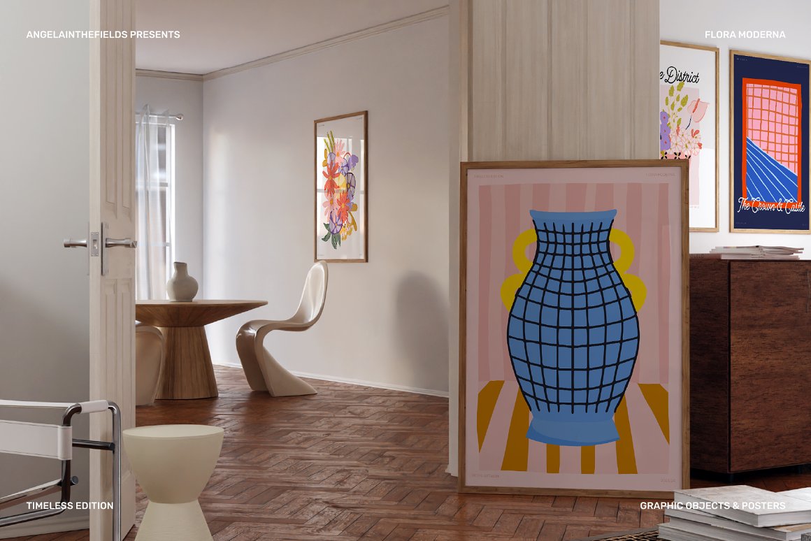 Drawing of a blue vase in wooden frame in the room.