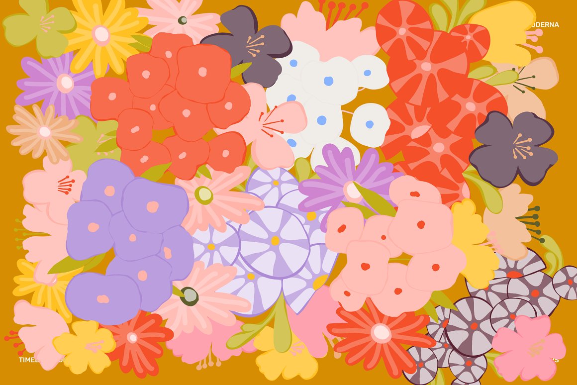 Illustration of spring florals composition on a dirty orange background.