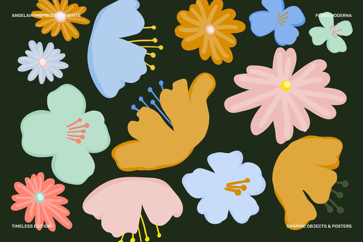 A set of different colorful illustrtaions of flowers on a dark green background.