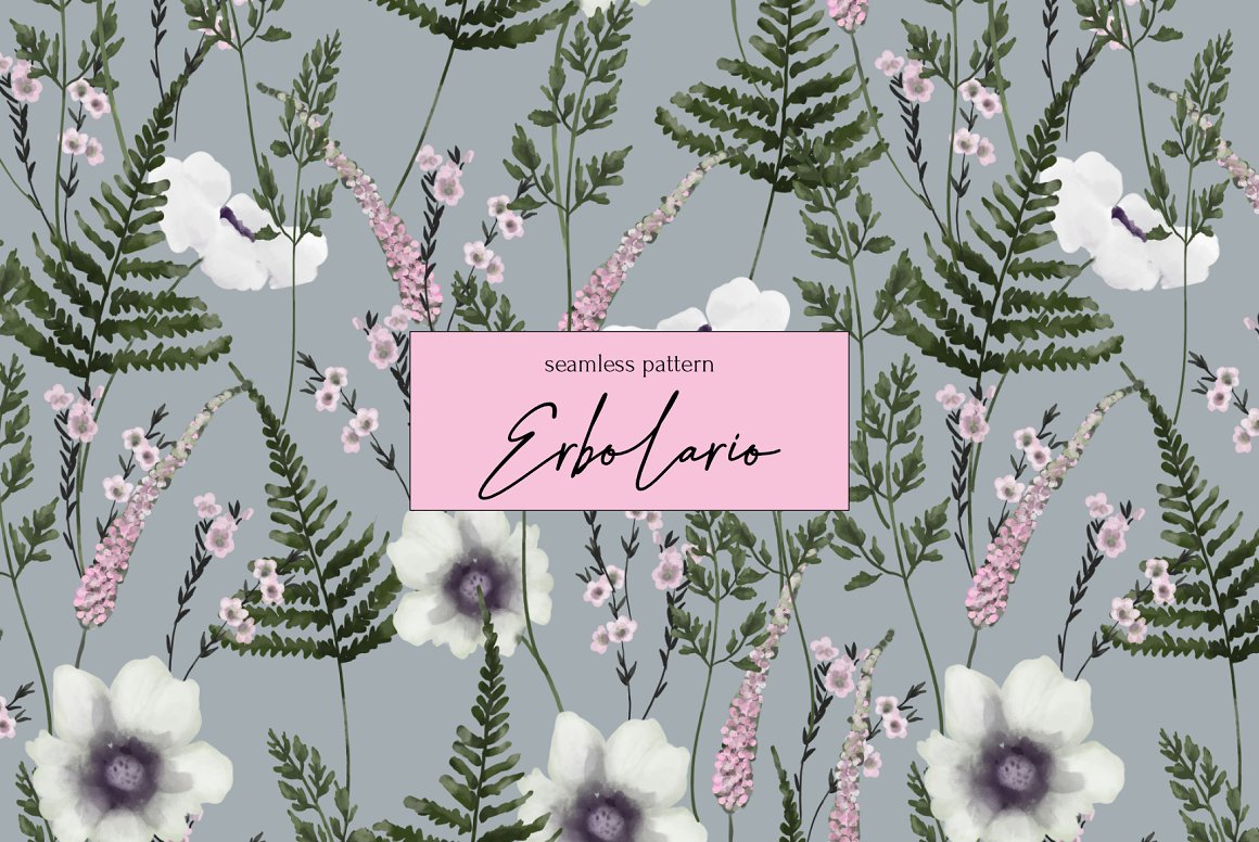 Cover with black lettering "Erbolario" in pink frame and wild floral pattern on a gray background.