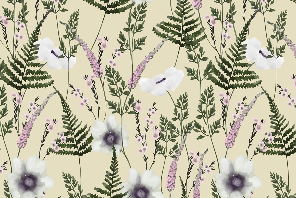 Floral vintage romantical spring pattern on a beige background.
