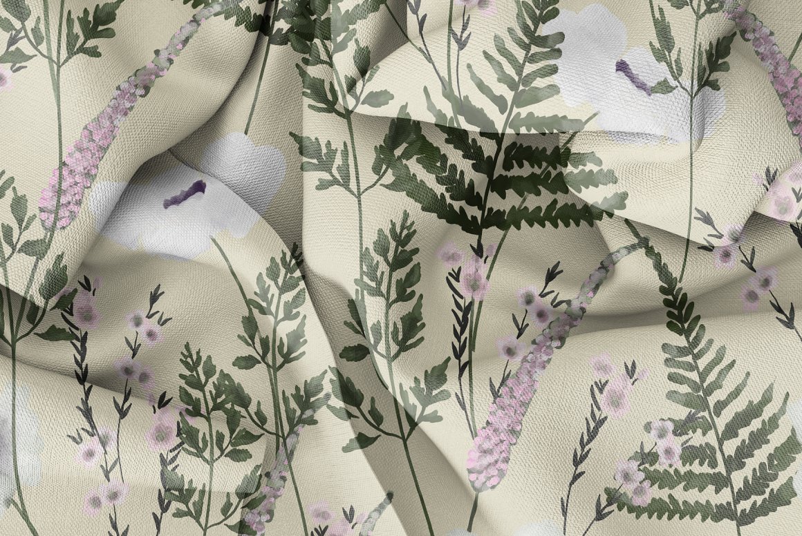 Beige fabric textile with wild floral spring patterns.
