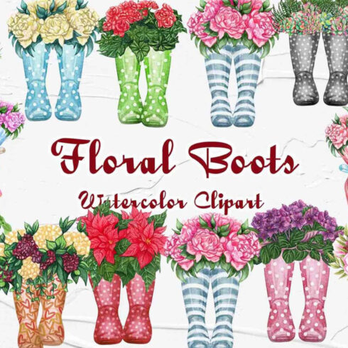 Floral Wellies Watercolor Clipart.