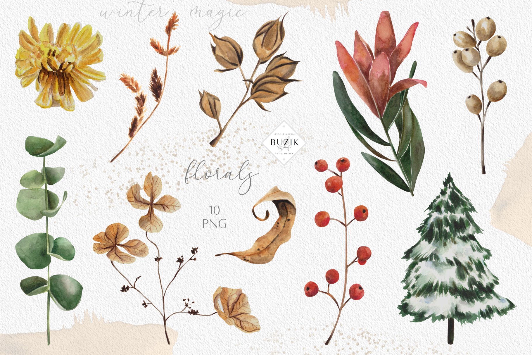 Magic Winter Watercolor Clipart Set florals preview.