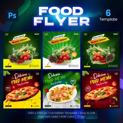 Preview for modern 6 Delicious Food Menu Square Banner Templates.