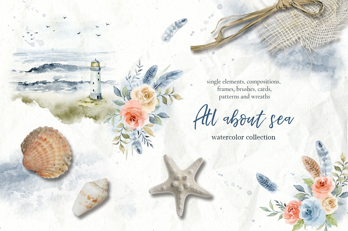 Cover with blue lettering "All About Sea" and different illustrations and compositions.