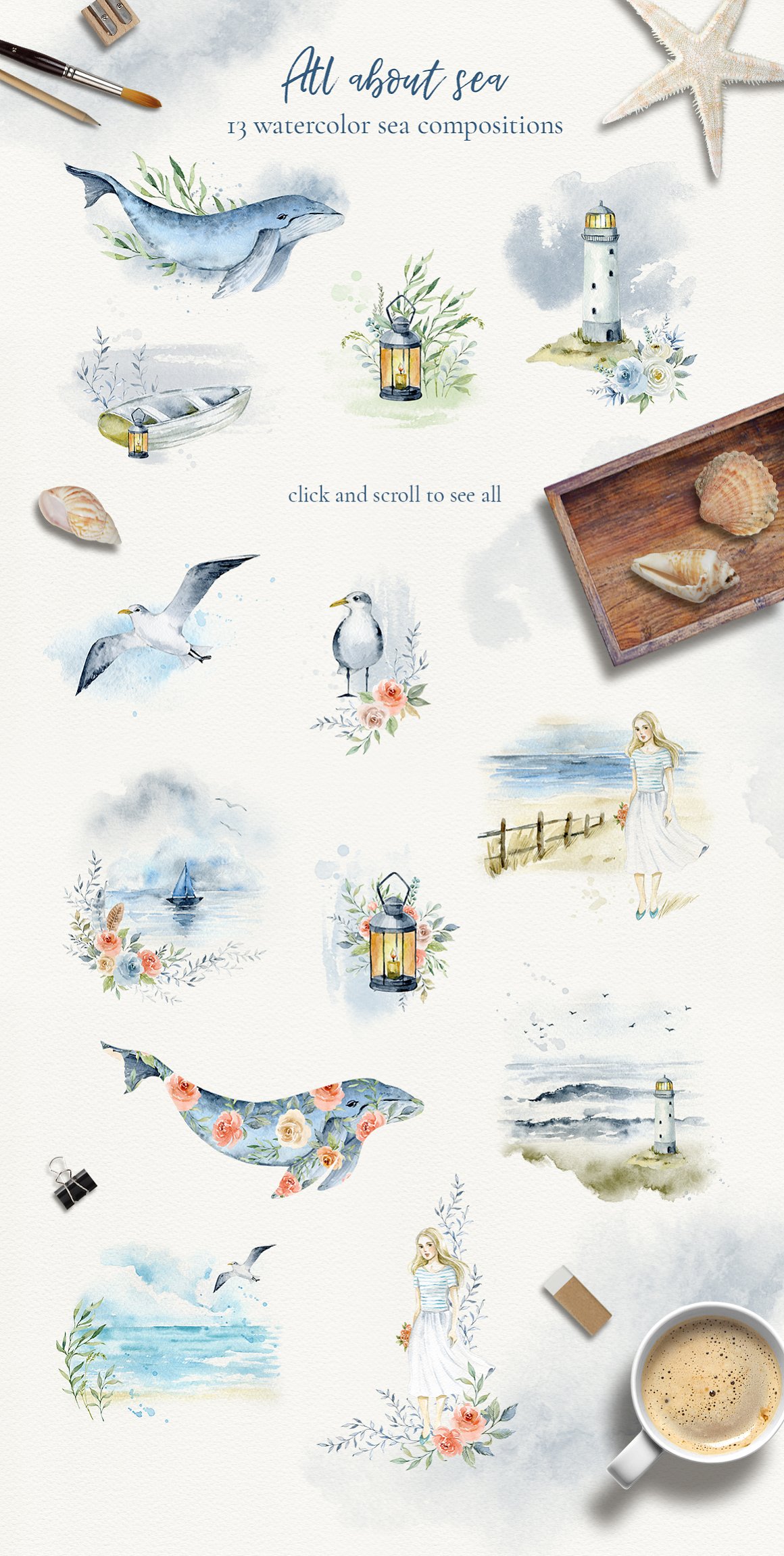 13 watercolor sea compositions on a gray background.