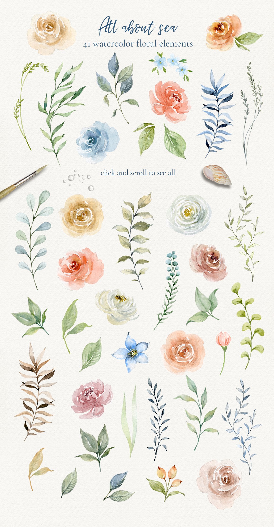 Clipart of 41 different floral elements on a gray background.