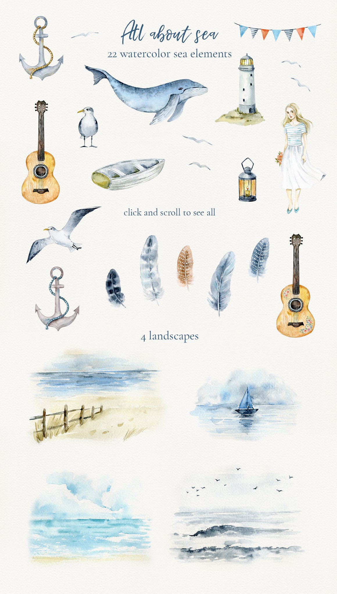 22 illustrations of sea elements and 4 landscapes.