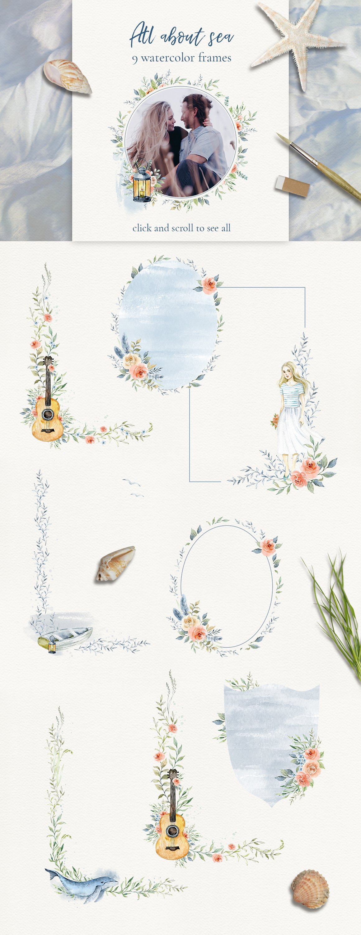 9 different floral watercolor frames on a gray background.