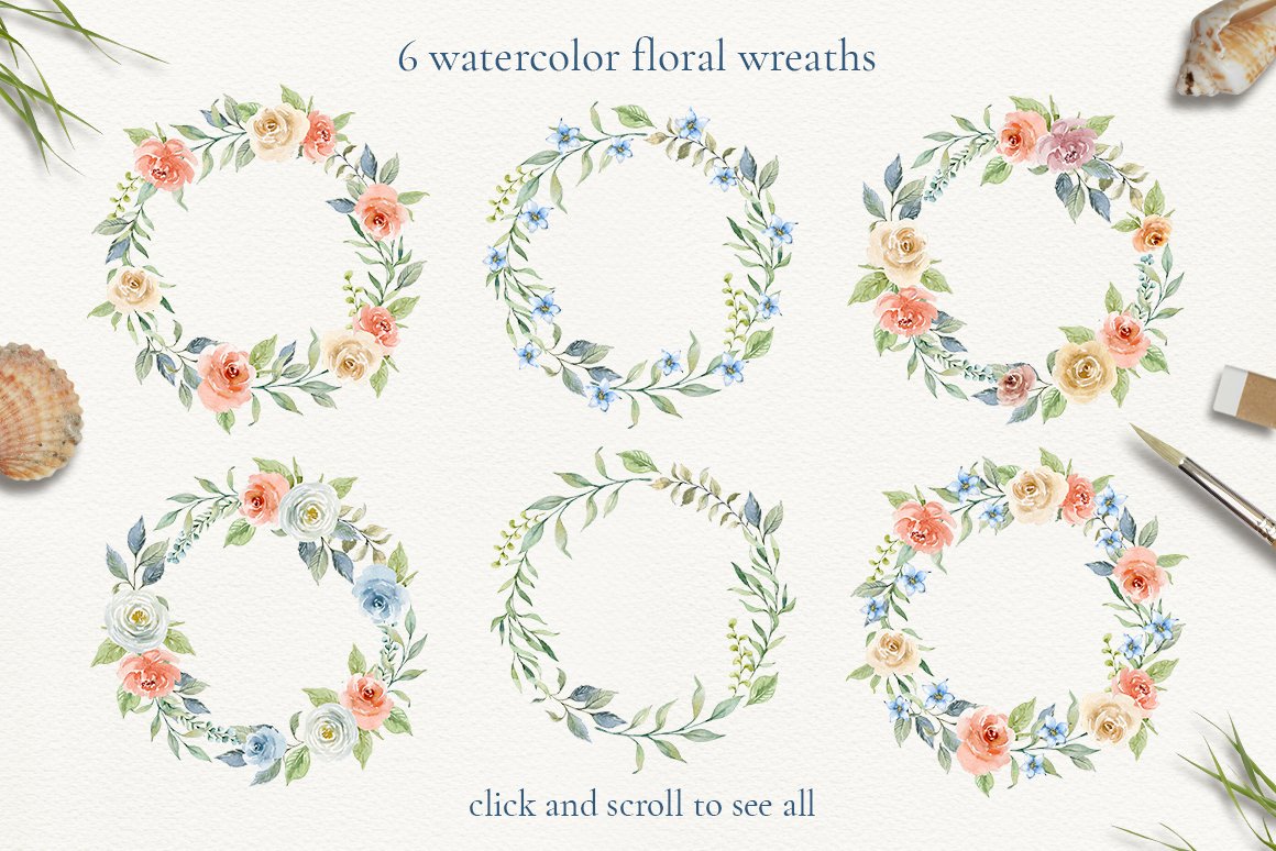 6 watercolor floral wreath on a gray background.