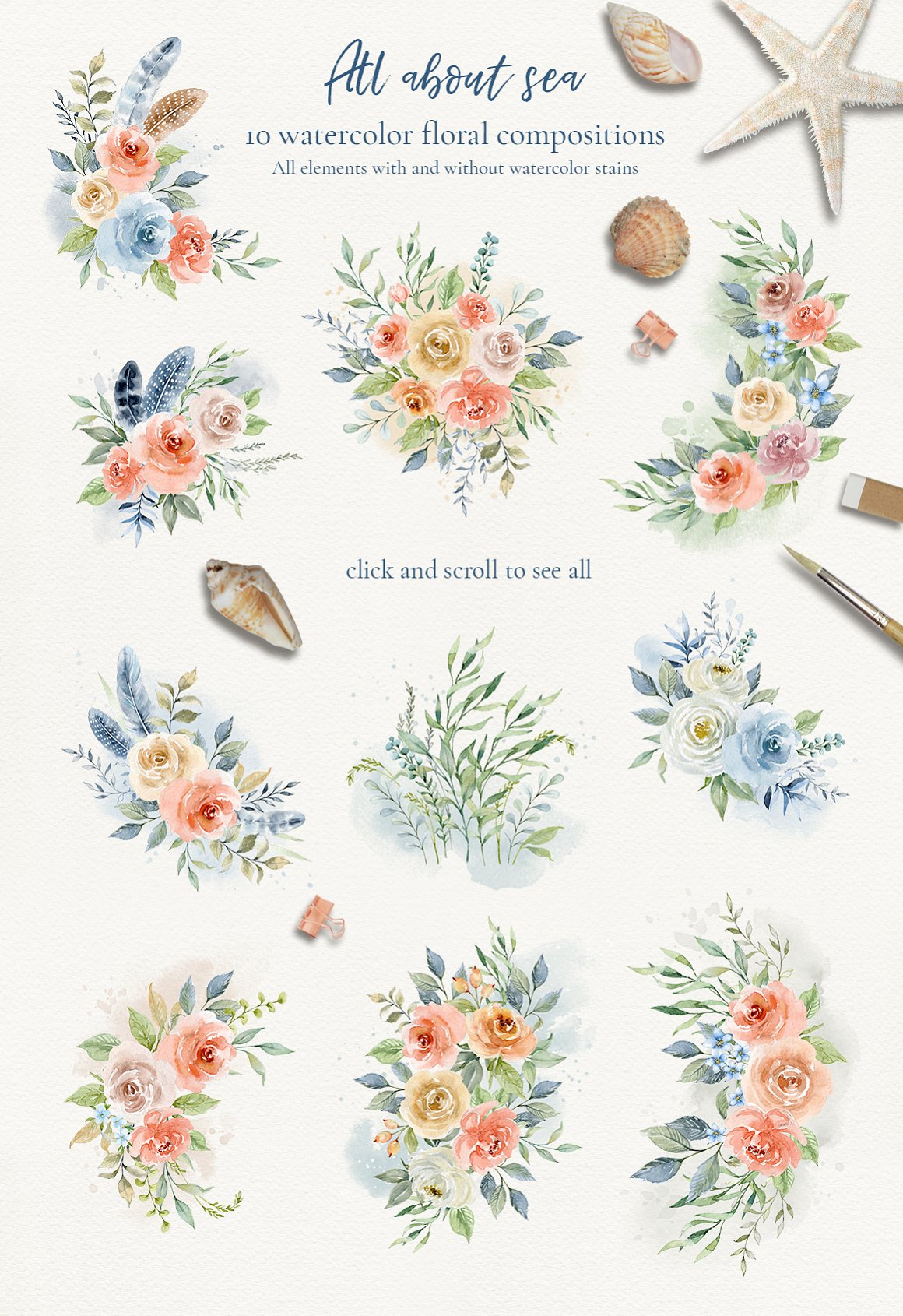 10 watercolor floral compositions on a beige background.