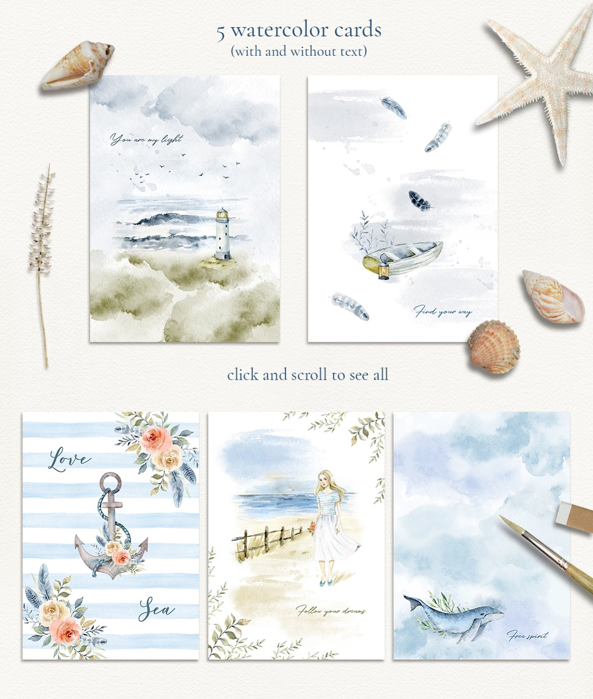 5 watercolor cards with sea illustrations.