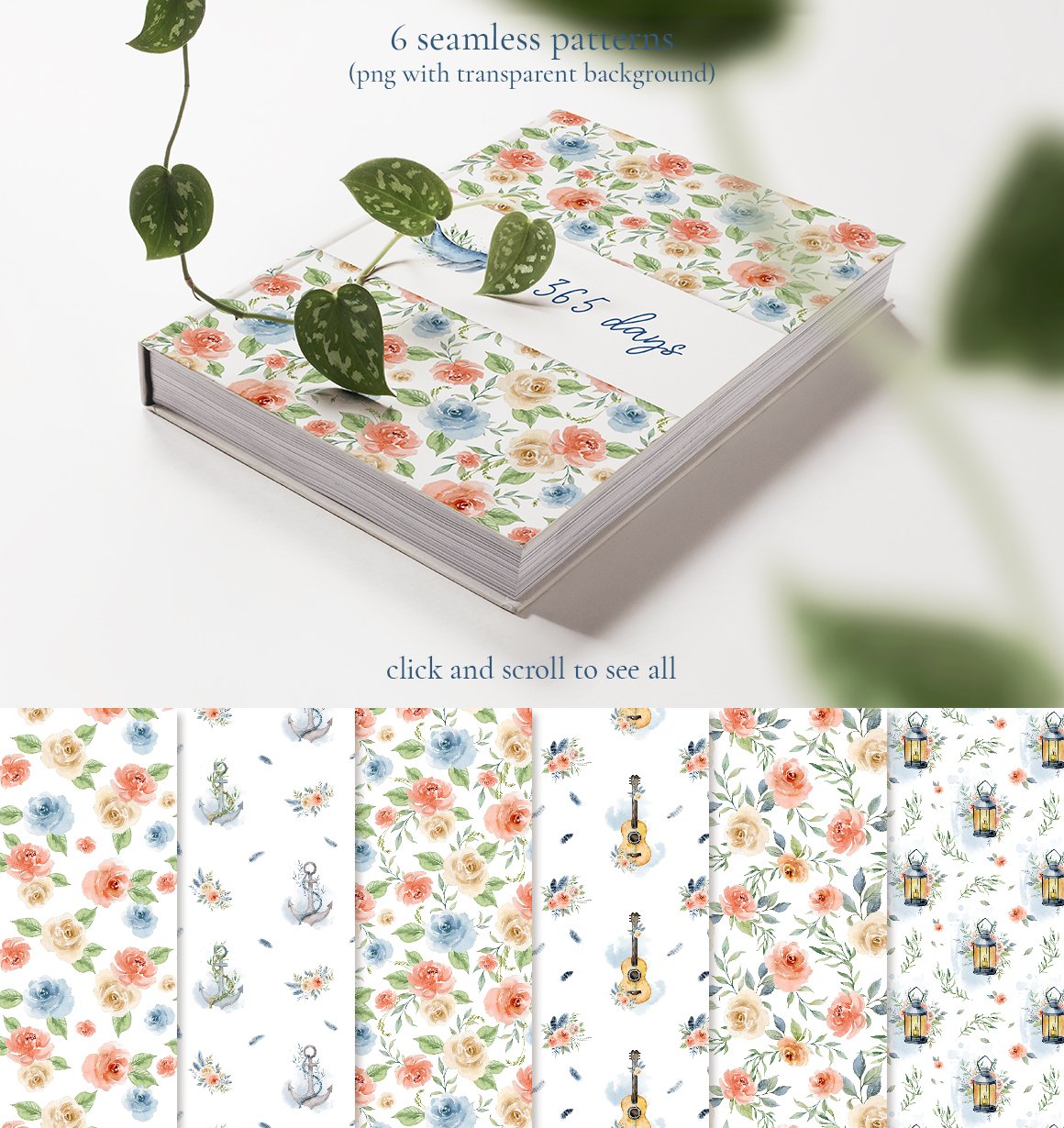 Cover of book with pattern and 6 seamless patterns.