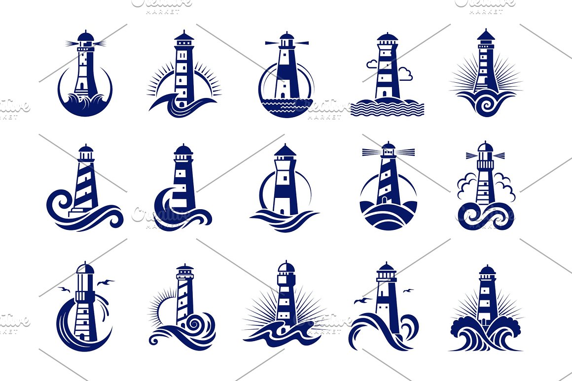 15 blue illustrations of a nautical lighthouse on a white background.