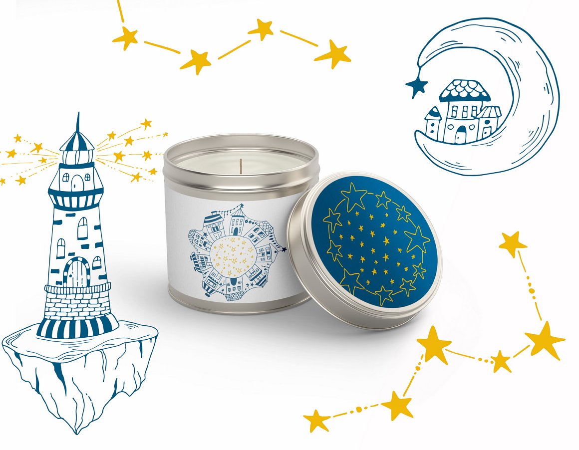 Mockup of candle in tin jar with galaxy illustrations.