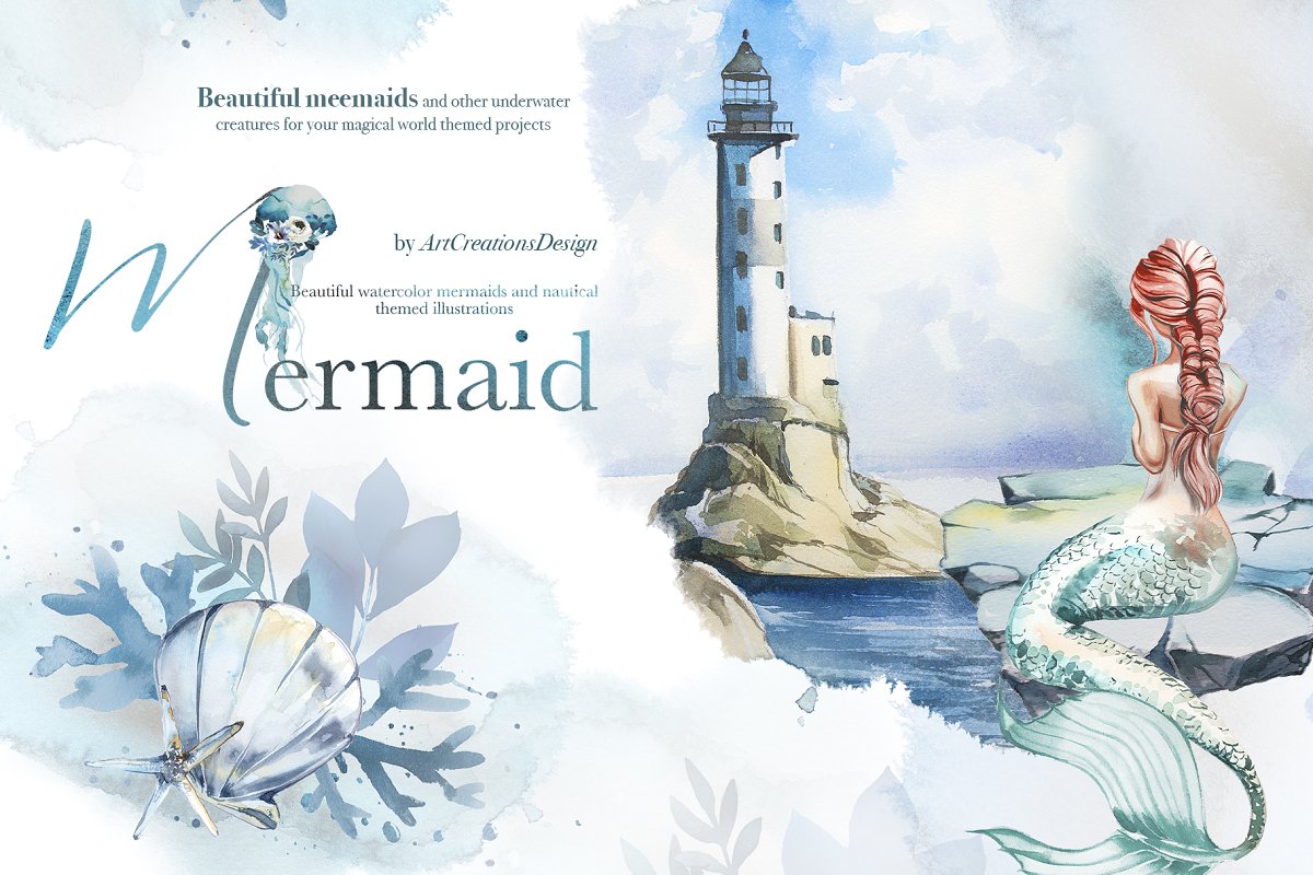 Front page of Watercolor Mermaid Clipart Set.