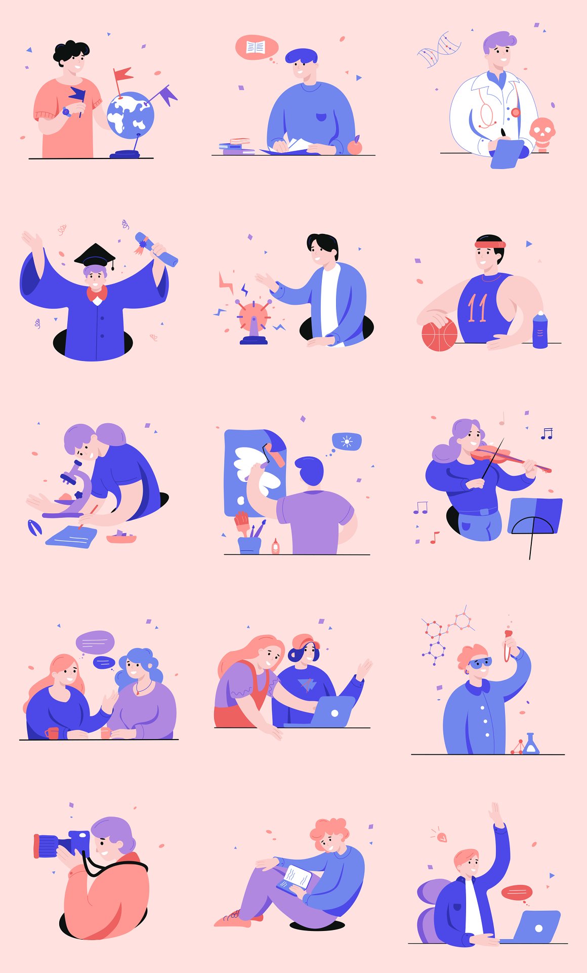 15 different karly illustrations on a pink background.