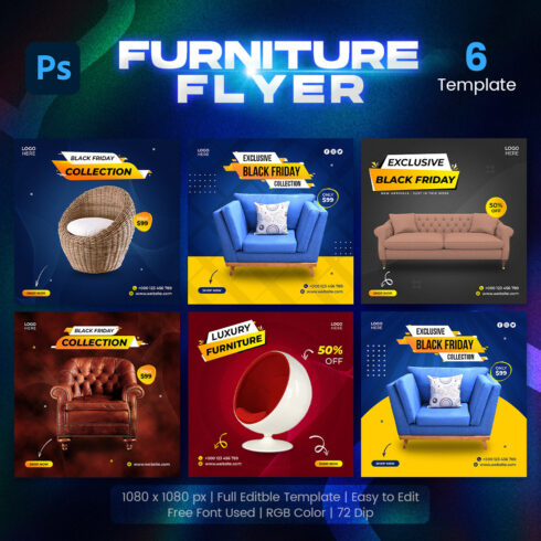 Furniture Sale Instagram Post and Social Media Post Design 6 Set Template.