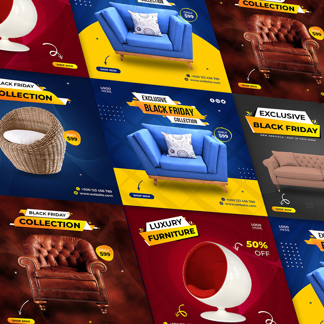 Furniture Sale Instagram Post and Social Media Post Design 6 Set Template Cover.