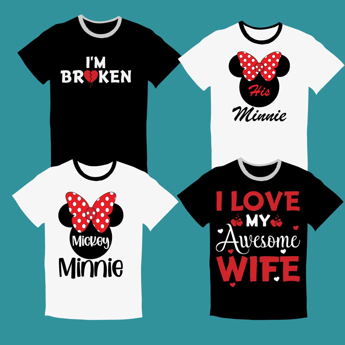 Four cool t-shirts with love graphics and lettering.