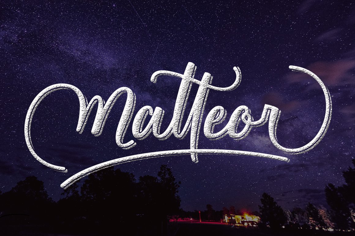 Calligraphy lettering "Matteor" in white grain on the starried sky.
