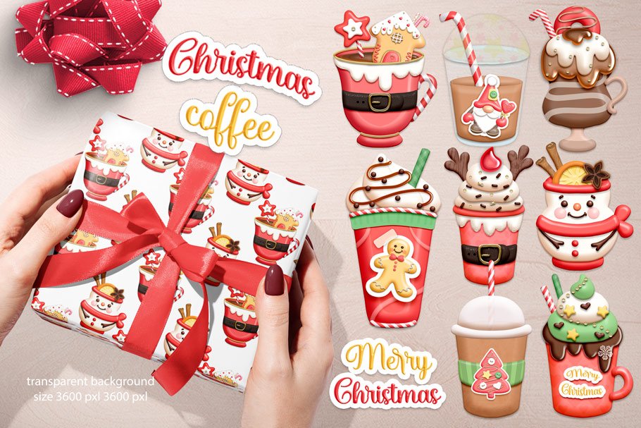 Box in wrapping paper with pattern of Christmas coffee and 8 different illustrations.