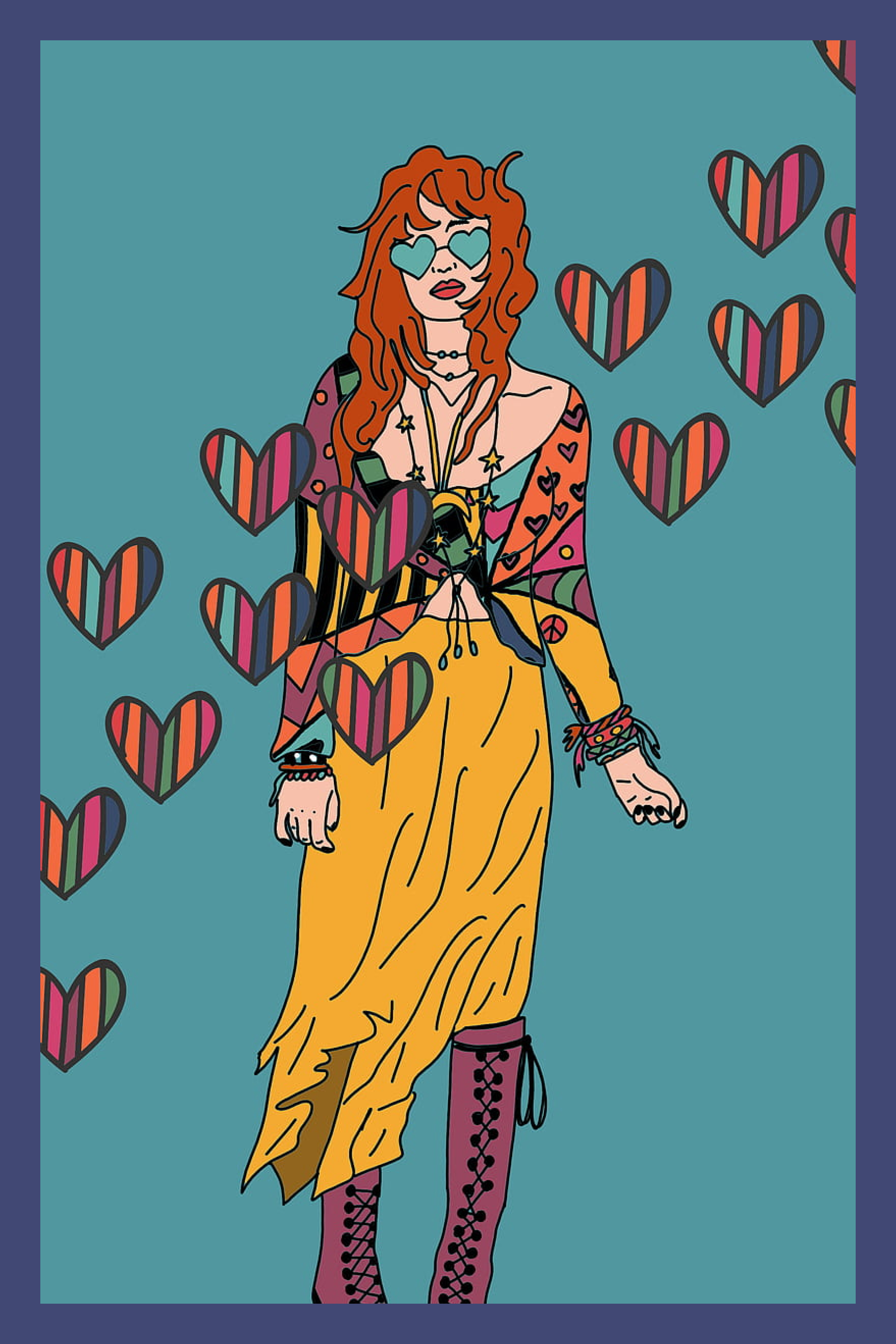 Drawing of a girl in hippie clothes and hearts.