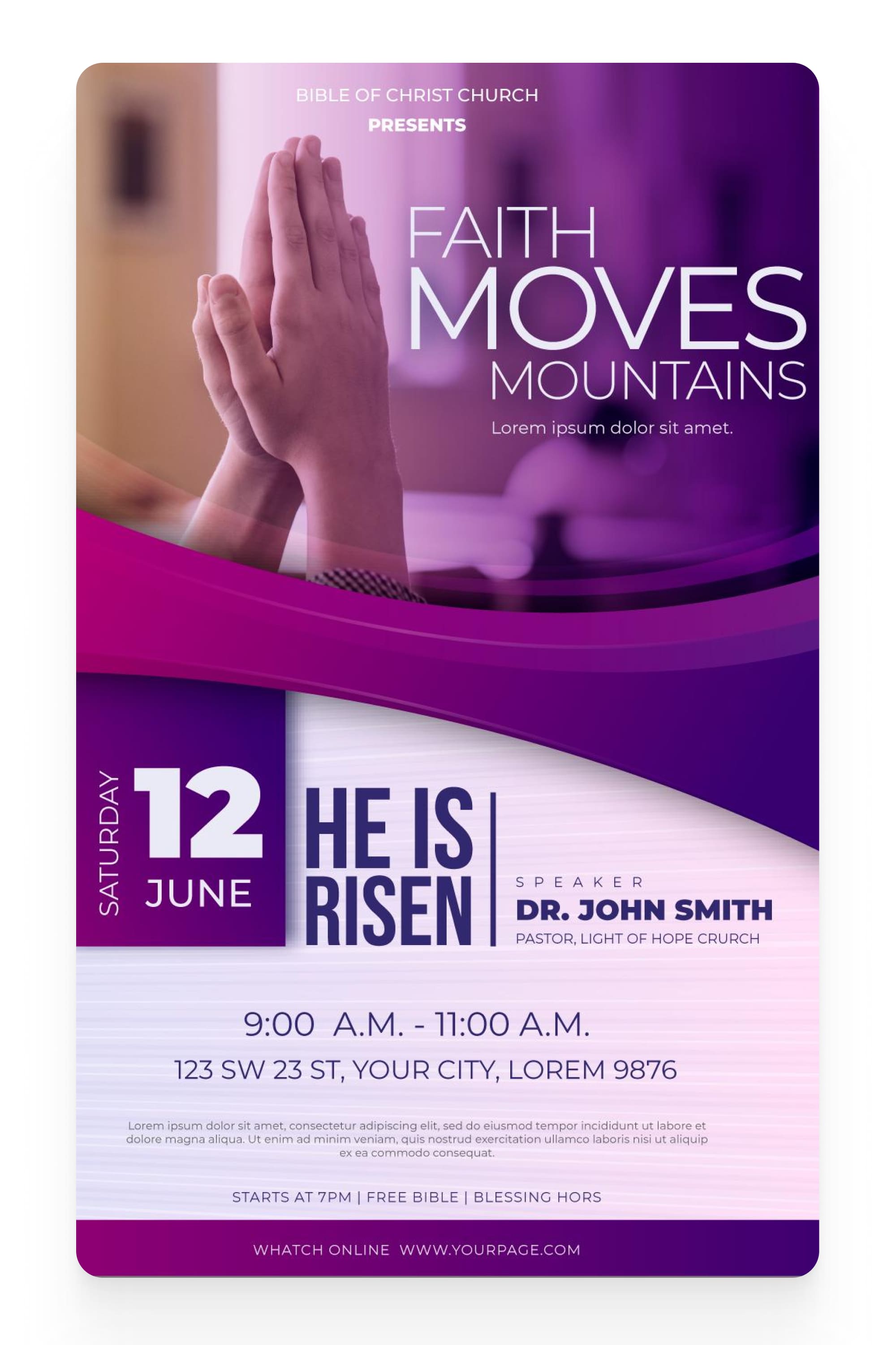 Flyer with a photo of hands folded in prayer.