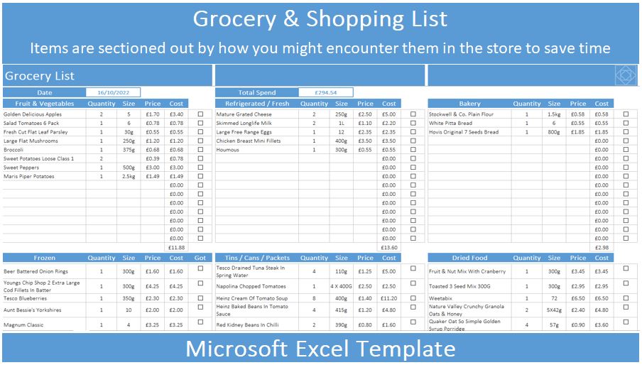 grocery shopping list excel