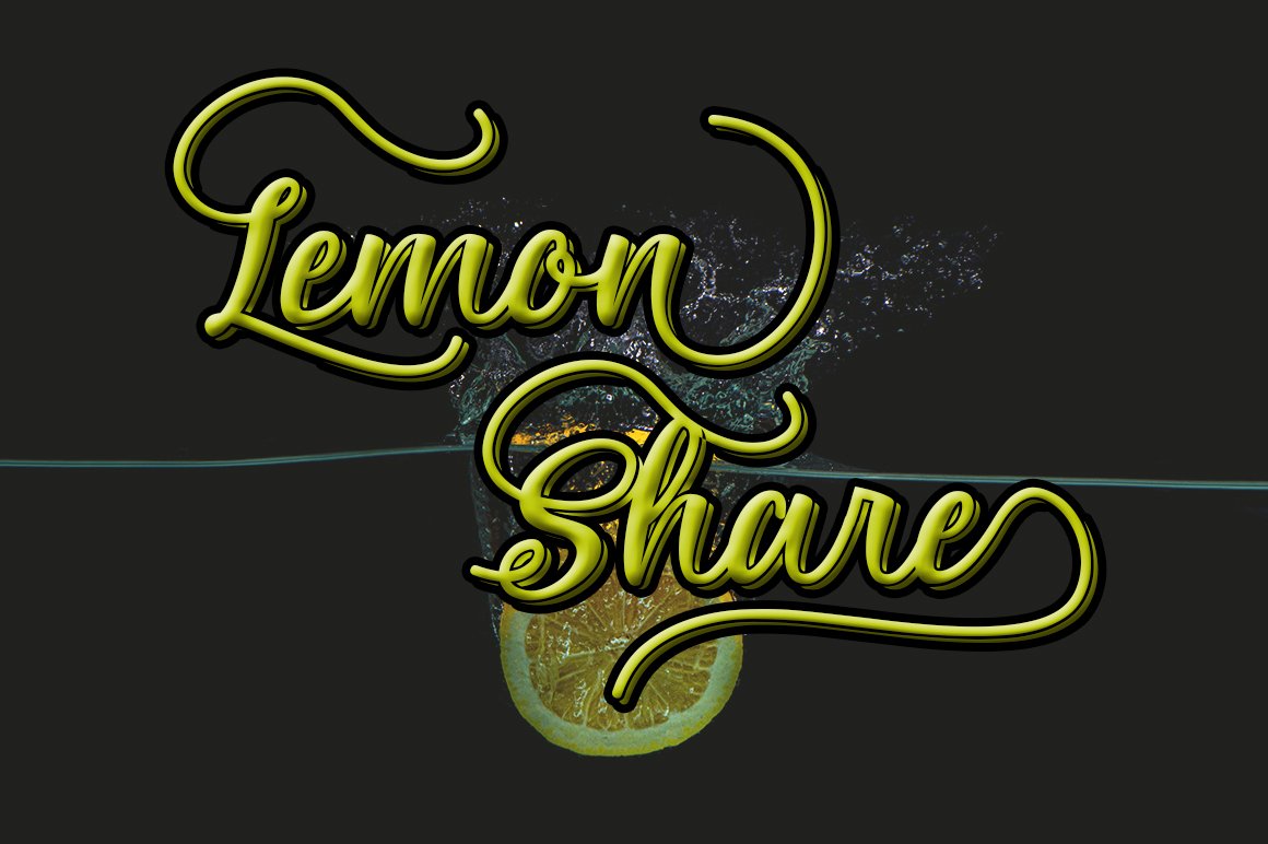 Green lettering "Lemon Share" with black stroke" on the background of lemon under water.