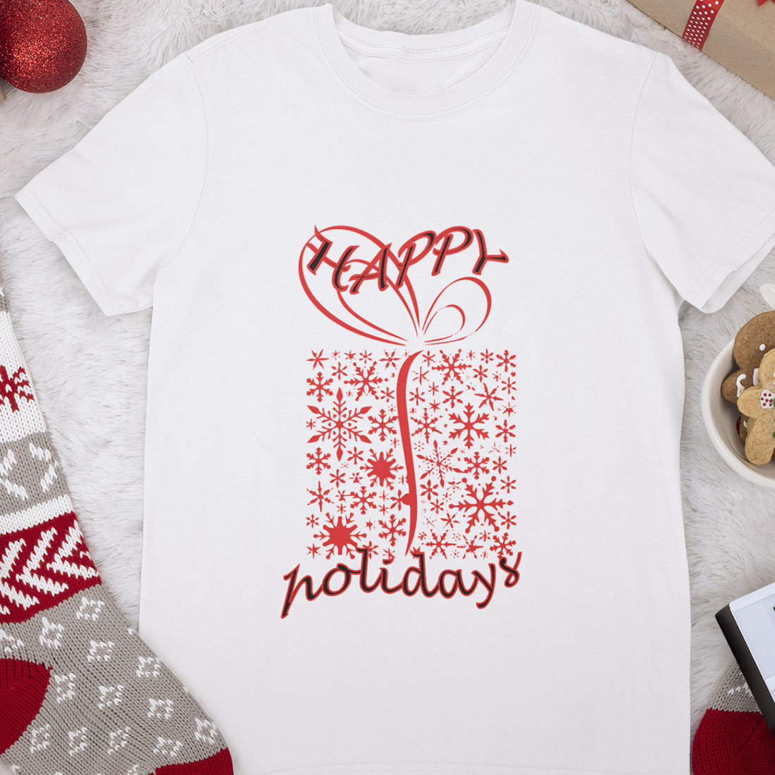 White t-shirt with red Christmas embroidery.