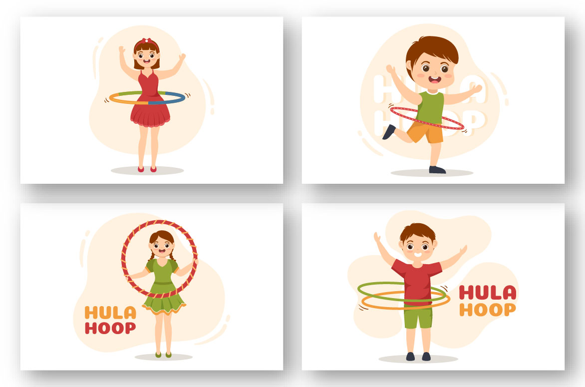 Four illustrations with children and hula hoop.