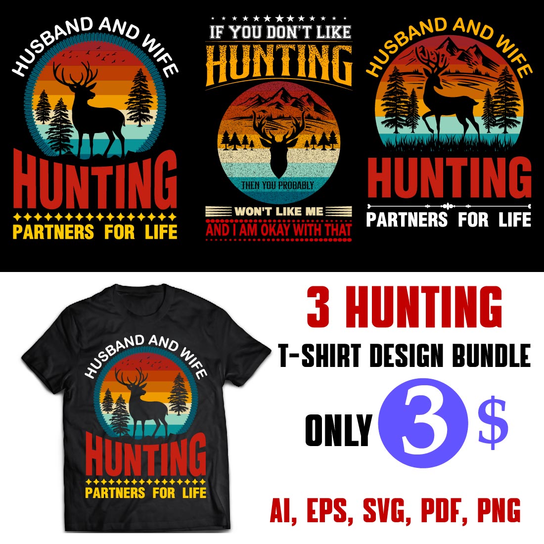 Hunting T-shirt Design Bundles preview image.