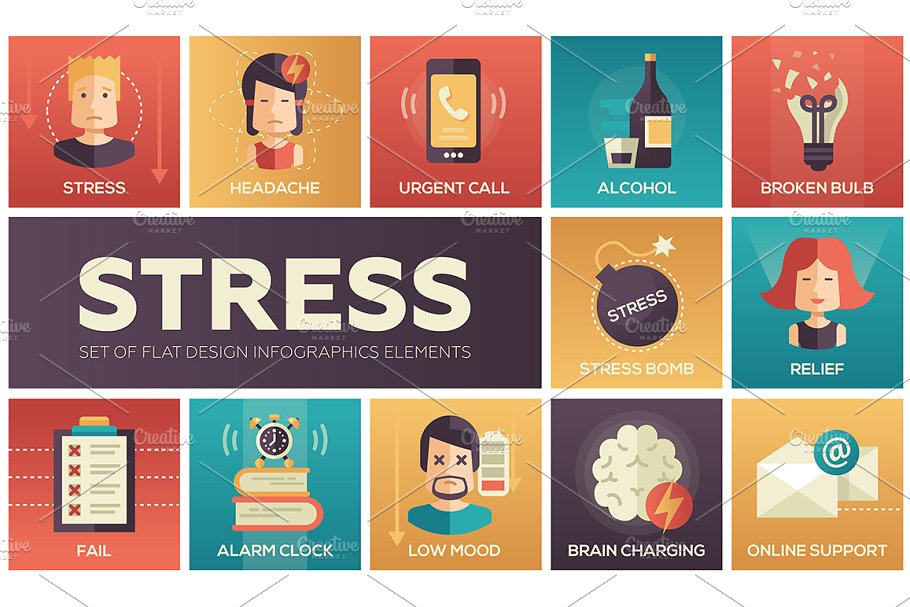 Flat design psycho icons with stress themed elements.