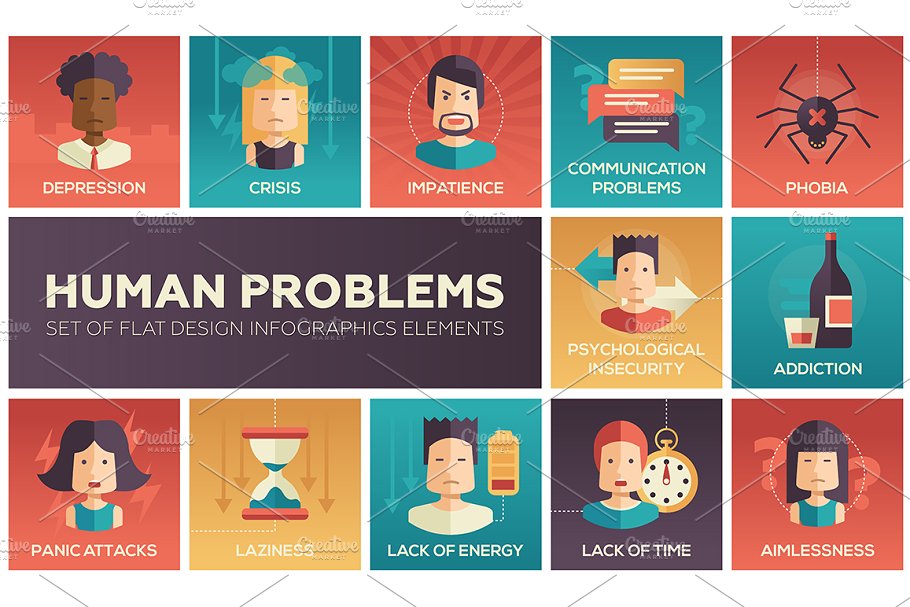 Flat design psycho icons with human problems themed elements.